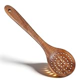 Wooden Slotted Spoon - 11.2 Inch Natural Wood Skimmer Draining Spoon With Holes - Long Handle Cooking Utensil For Straining Draining Egg Meat Noodles