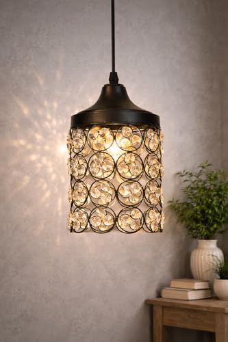 Image of Modern Crystal Pendant Light | Black Metal Hanging Ceiling Lamp with Warm LED Glow | Decorative Chandelier for Living Room, Bedroom, Dining Area, Hallway (Modern Crystal Drum)