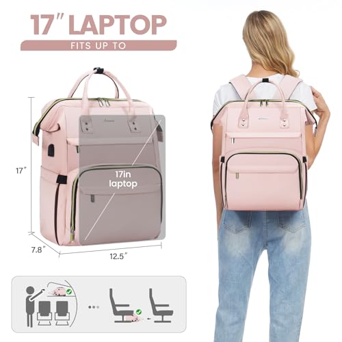 Image of LOVEVOOK Laptop Backpack for Women,17 Inch Professional Womens Travel Backpack Purse Computer Laptop Bag Nurse Teacher Backpack,Waterproof College Work Bags Carry on Back Pack with USB Port, Pink