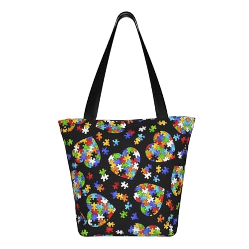 Autism Awareness Puzzle Pieces Heart Print Tote Bag For Women, Reusable Large Ladies Shoulder Bag Large Capacity Shopping Totes Fasion Handbag For Office, Shopping, Travel3