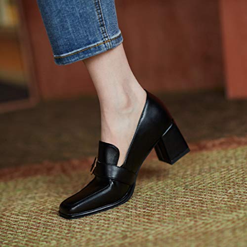 VOKLIN Women's Fashion Buckle Square Toe Dress Pumps Slip On Chunky Block High Heel Work Office Pump Shoes4