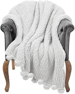 5 STARS UNITED Fleece Blanket Fuzzy for Couch  Ivory White 130x150 cm with Pom Poms - Premium Soft, Fluffy, Sherpa Fabric  Cozy Plush Cover for Bed, Sofa