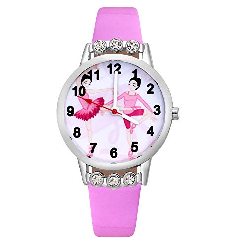 Reloj de niña Dibujos Animados de Moda Pretty Ballet Girl Crystal Style Relojes Student Girls Reloj de Pulsera de Cuero de Cuarzo Reloj Relojes para niñas (Color : Pink)