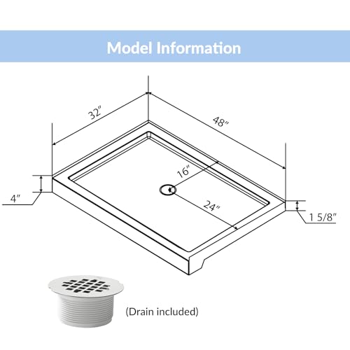 Image of MORVANO 48 inch X 32 inch Shower Bases & Pans,Non-Slip in White, Central Drain