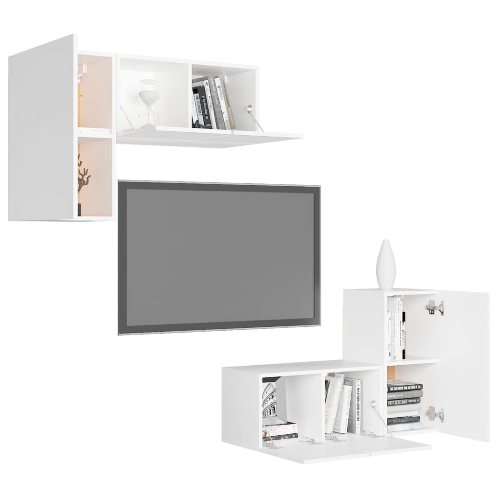 4-TLG. TV-Schrank-Set Weiß Holzwerkstoff, Hängend, Modernes Media-Center für Wohnzimmer, Schlafzimmer, Viel Stauraum, 30x30x60 cm