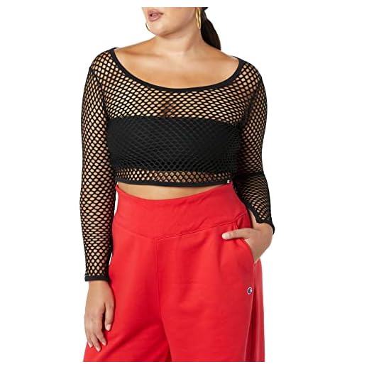 Champion Women's Making the Cut Season 3 Episode 2 Champion Collab Winning Look Long Sleeve Mesh Crop Top Shirt, Black, Medium US