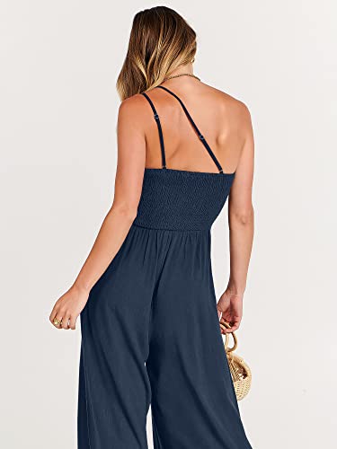 Logene Women's Summer One Shoulder Straps Pleated Sleeveless High Waist Casual Wide Leg Jumpsuits Romper With Pockets 5L02-Zangqing-M Navy Blue #TOP7