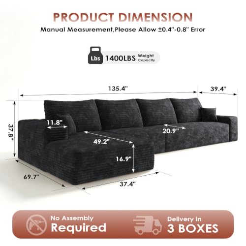 Image of Boneless Couch, Modular Sectional Couches for Living Room, U-Shaped Cloud Couch Sofa with Deep Seat, Fluffy Corduroy Upholstered Corner Sofa