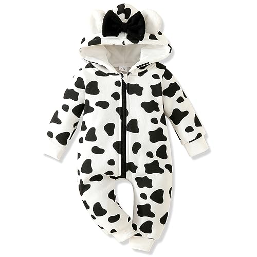 AMAWMW Unisex Newborn Baby Girl Boy Winter Clothes Cow Hooded Jumpsuit Gender Neutral Infant One Piece Romper Snowsuit Gifts