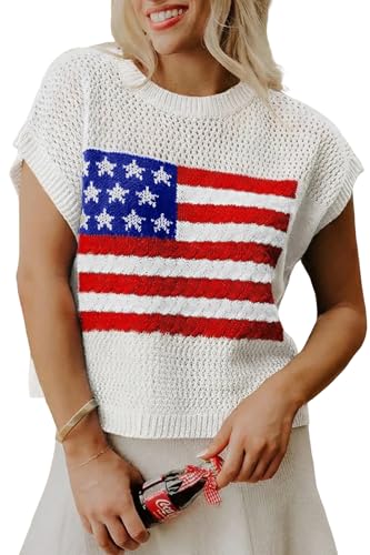 Image of Womens American Flag Sweater Summer Mesh Crochet Crop Tops Crew Neck Pullover Tops White M
