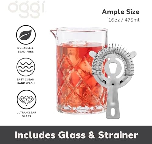 OGGI Cocktail Mixing Glass & Strainer Set - Elegant Bar Mixing Set with 16oz Glass Beaker, Essential Mixology Bartender Kit, Old Fashioned Kit, Includes Stainless Steel Hawthorne Strainer - Thumbnail 3