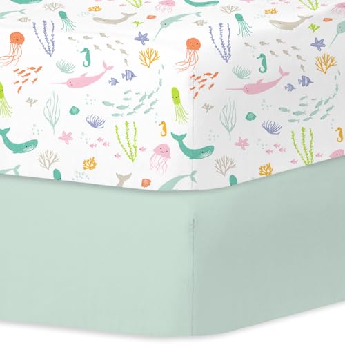 Image of Little Grape Land Crib Sheets for Boys Girls, 2 Pack Crib Sheets Fitted Size 28"x 52" for Standard Crib and Toddler Mattresses, Soft Breathable Microfiber, Ocean World/Mint Green
