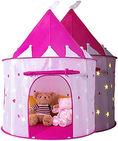 Princess Castle Play Tent with Glow in The Dark Stars, Foldable Pink Pop up Kids Tent Playhouse Toys, for Indoor Outdoor Toddler Children Girls Gifts Tent Girls Toys Age 3/4/5/6/7/8/9 Years Old