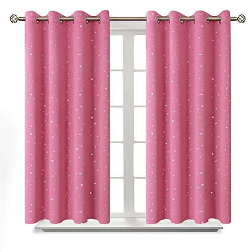 Image of BGment Kids Blackout Curtains for Bedroom - Grommet Thermal Insulated Silver Star Print Room Darkening Curtains for Living Room, Set of 2 Panels (46 x 54 Inch, Pink)
