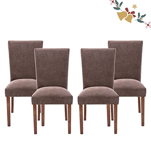 Image of Parsons Dining Chairs Set of 4, Upholstered Nailhead Dining Room Kitchen Side Chair with Thick Cushions and Wood Legs, Brown