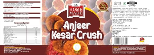 Image of RK Homemade Natural Anjeer Kesar Syrup | Concentrated Syrup & Squash | 750ml | Gluten-Free, Vegan & Low Fat | Perfect for House Parties, Picnics & Road Trips