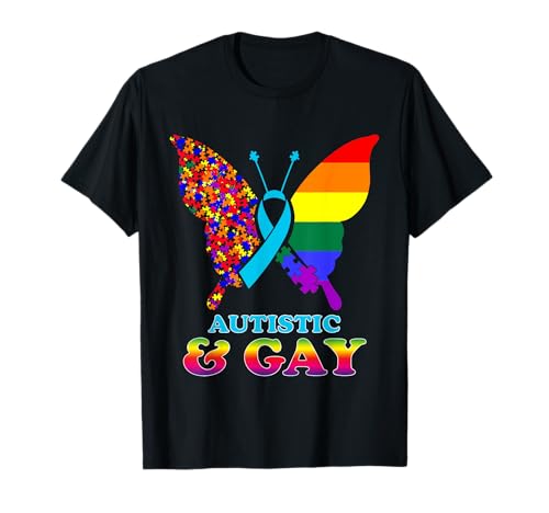 Autistic & Gay Autism Awareness LGBT Pride Butterfly Autism T-Shirt