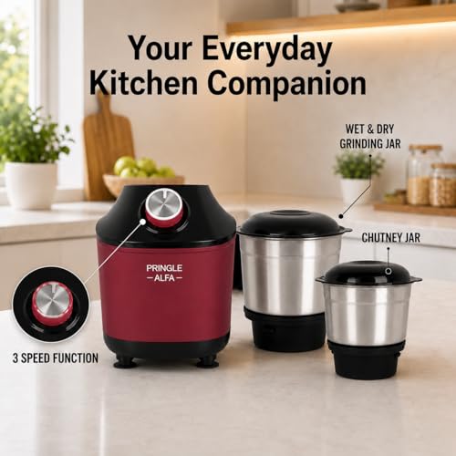 Image of Pringle Alfa 550W 2 Jar Mixer Grinder for Kitchen | 2 SS Jars (Wet & Dry Grinder & Chutney) | Stainless Steel Blades | Compact & Powerful | 5 Yr Warranty on Motor | Red