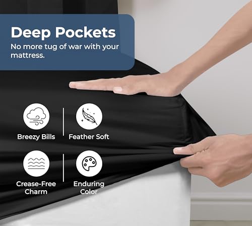 Image of Royale Linens 100% Organic Cotton Fitted Sheet - Percale Weave - Super Soft Deep Pocket Bottom Sheets - Black Elastic Sheet King Cal Size - California King Fitted Sheets Only - (72 inchx84 inch+15 inch, Black)