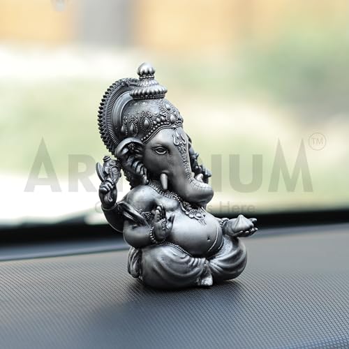 Image of Artarium Small Vighnaharta Ganesha Idol Murti, Vinayaka Sitting Statue Ganapati for Car Dashboard, Puja Ghar, House Warming, Unique Wedding & Birthday Gift, Sculpture - Silver