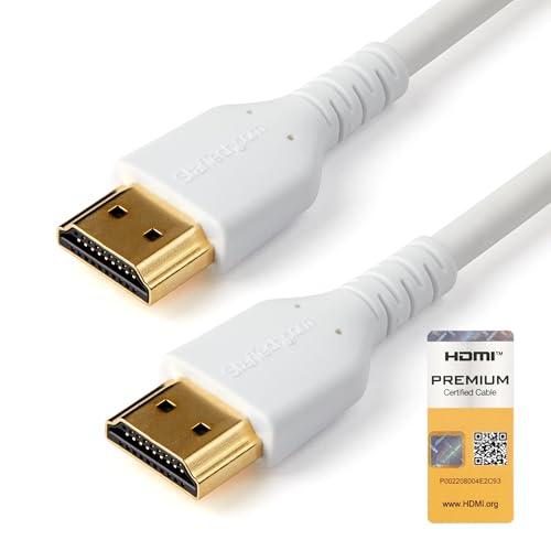 StarTech.com 6ft (2m) Premium Certified HDMI 2.0 Cable with Ethernet, Durable High Speed UHD 4K 60Hz HDR, Rugged M/M HDMI Cord with Aramid Fiber, TPE, Ultra HD Monitors, TVs & Displays (RHDMM2MPW)