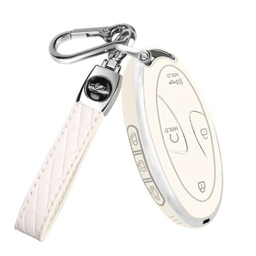 QBUC for Car Key Fob Cover TPU 360 Degree Car Key Case Protector with Leather Keychain 7 Buttons smart key(White)