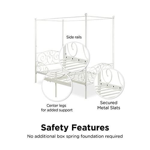 Dhp Metal Canopy Kids Platform Bed With Four Poster Design, Scrollwork Headboard And Footboard, Underbed Storage Space, No Box Sring Needed, Twin, White #TOP7