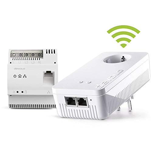 devolo Powerline Adapter, dLAN 1200+ DINrail WiFi ac Starter Kit -bis 1.200 Mbit/s, Hutschienen Adapter, WLAN Steckdose, 2x Gigabit LAN Anschluss, weiß