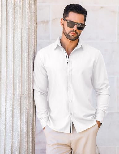 LETSEE Men's Button Down Dress Shirt Long Sleeve Untucked Business Casual Shirt Wrinkle Free Stretch Denim Texture — view 3