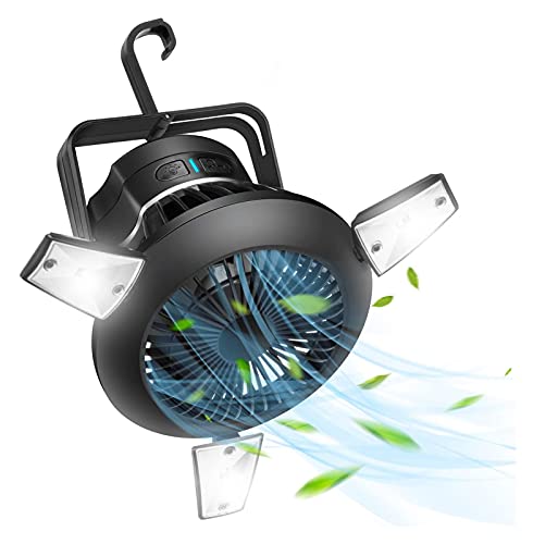 Ventilatore da tenda ricaricabile con luci, ventilatore solare, con ventilatore a soffitto, ventilatore alimentato a batteria per campeggio, pesca, escursionismo, all'aperto, con gancio per appenderlo