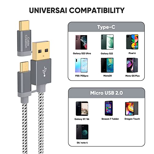 Cablecreation 2 In 1 Usb C Cable 0.8Ft, Braided Micro Usb + Usb C To Usb A Fast Charge Cord Compatible With Galaxy S22 Ultra Note 8, Pixel Xl, Android & Usb-C Devices, 0.25 M/Space Gray #TOP5