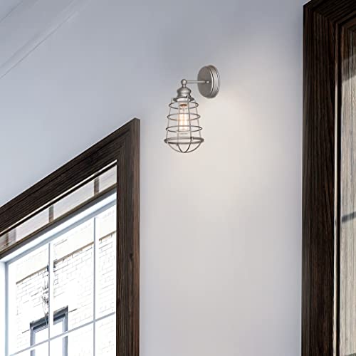 Image of Design House 519702 Ajax Industrial Modern 1-Light Indoor Wall Light with Wire Metal Cage for Bathroom Hallway Foyer Kitchen, Galvanized Finish