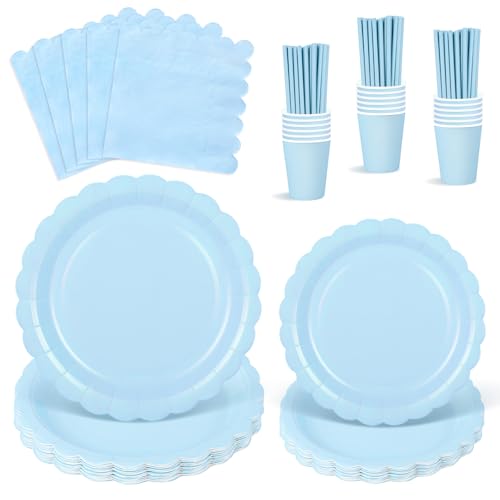 NatNarr Lot de 125 assiettes et gobelets en carton bleu clair pour 25 invités, assiettes ondulées bleu clair, serviettes, gobelets en carton et pailles en...