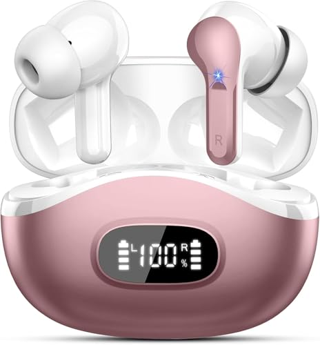 Image of Wireless Earbuds, Bluetooth Headphones 5.4 HiFi Stereo, Ear Buds with 4 ENC Noise Cancelling Mics, 48H Bluetooth Earbuds with Dual LED Display, IP7 Waterproof Earphones for Android iOS, Rose Gold