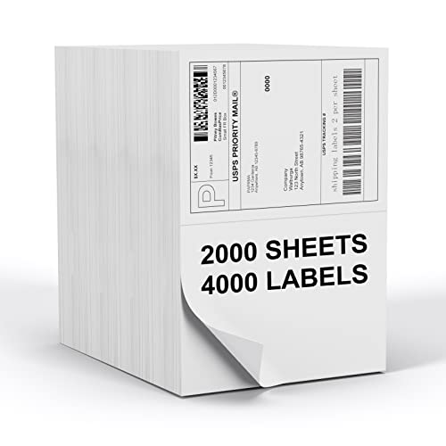 Image of Half Sheet 8.5x5.5inch Shipping Mailing Label 4000 Counts, 2 Labels Per Sheet 8.5 x 11 for Laser & Inkjet Printer, Permanent Adhesive Label Square Corner (2000 Sheets)