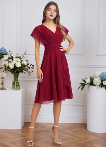 V Neck Junior Bridesmaid Dresses Short A Line Chiffon Flower Girl Dress for Wedding Guest Party Gown4