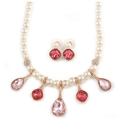 Juego de collar de perlas crema para bodas y fiestas con detalles rosa