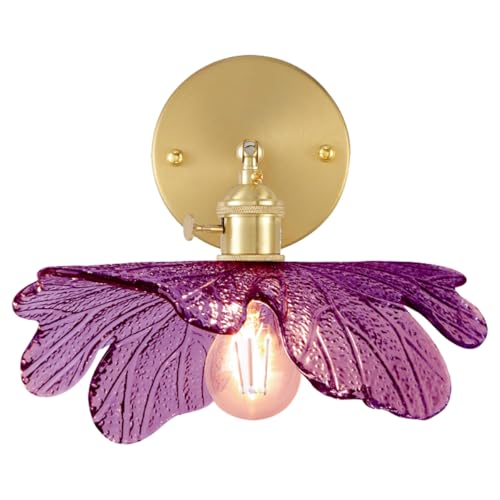 Image of Bathroom Vanity Light Flower Glass Wall Sconce 1-Lights Mid Century Modern Wall Light Fixture Purple Shade Gold Brass Sconce Hardwired Vintage Wall Lamp for Over Mirror Living Room