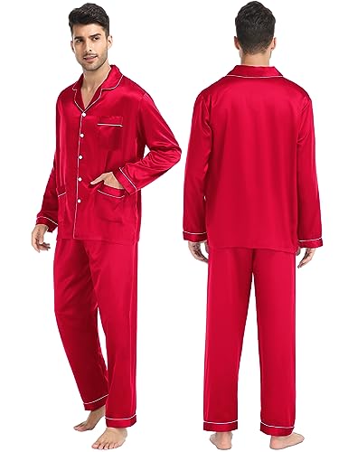 SWOMOG Couples Matching Pajamas Set Women & Men Satin Long Sleeve Sleepwear Soft Button Down Pj Set Silk Loungewear3