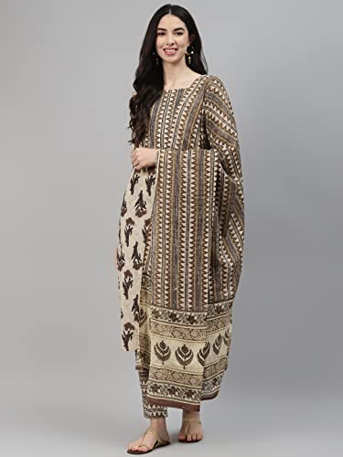 Image of Arayna Women's Cotton Printed Straight Kurta with Palazzo Pants & Dupatta Set