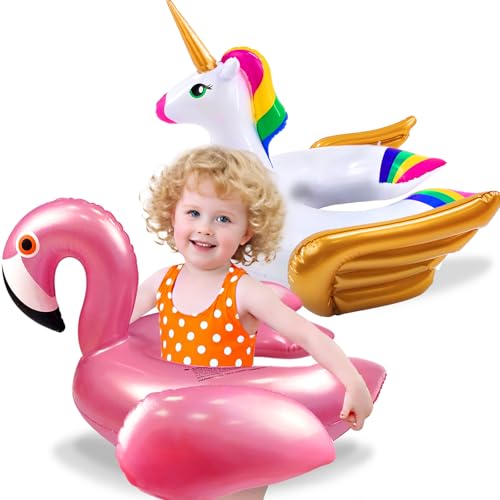 2 Pack Pool Floats for Kids-Unicorn & Flamingo Swim Floats Tubes Kids Pool Floaties, Inflatable Swimming Split Ring Ride On for Age 3-8 Years Girls Boys Summer Party Beach Pool Essentials Water Toys