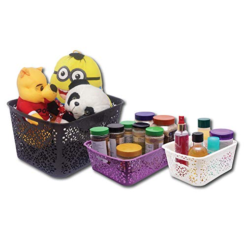 Image of Cutting Edge Essentials Rectangular Plastic Storage Baskets /Shelf /Turkish Rack With Lid - Set of 2 For Fruit Vegetable Bathroom Stationary Home Basket With Handle (Cream, Large)