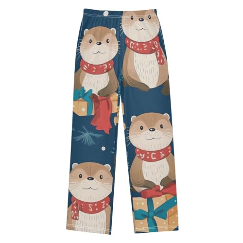 ZZXXB Christmas Otter Pine Branches Boys Long Pants Soft Trousers Elastic Waist Kids Lounge Bottoms with Pockets S-XL