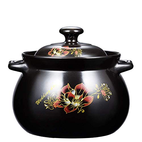 QUSYZD Cacerola Honda de cerámica para Sopa, Olla de Barro con diseño de Flores, Olla para Sopa con Tapa, Resistente al Calor, Utensilios de Cocina saludables para cocción Lenta, Color,