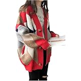 [one's one] ワンズワン カーディガン アーガイル 柄 秋冬 ニット ボア Ｖ ネック オーバー サイズ カジュアル ゆったり レディース (レッド)