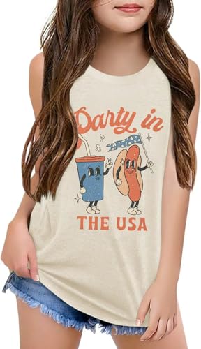 Image of Qbily Tank Tops for Girls Kids Summer Casual Cute Sleeveless Crewneck Graphic T Shirt 5-14 Years