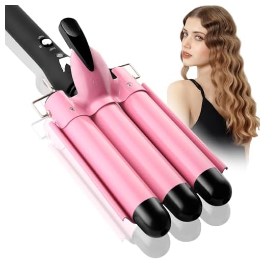 3 Barrel Curling Iron Wand Dual Voltage Hair Crimper with LCD Temp Display - 1 Inch Ceramic Tourmaline Triple Barrels, Temperature Adjustable Portable Hair Waver Heats Up Quickly (Pink)