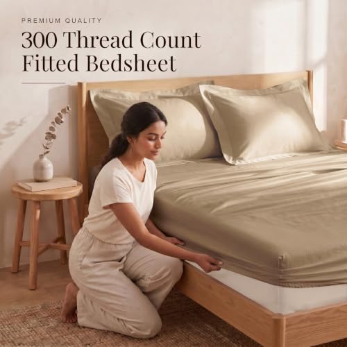 Image of Huesland 300 TC Premium 100% Pure Cotton Luxe Soft Touch Fitted King Size Bedsheet Cotton with 2 Pillow Covers | Sand Dune | 72 x 78 Inches