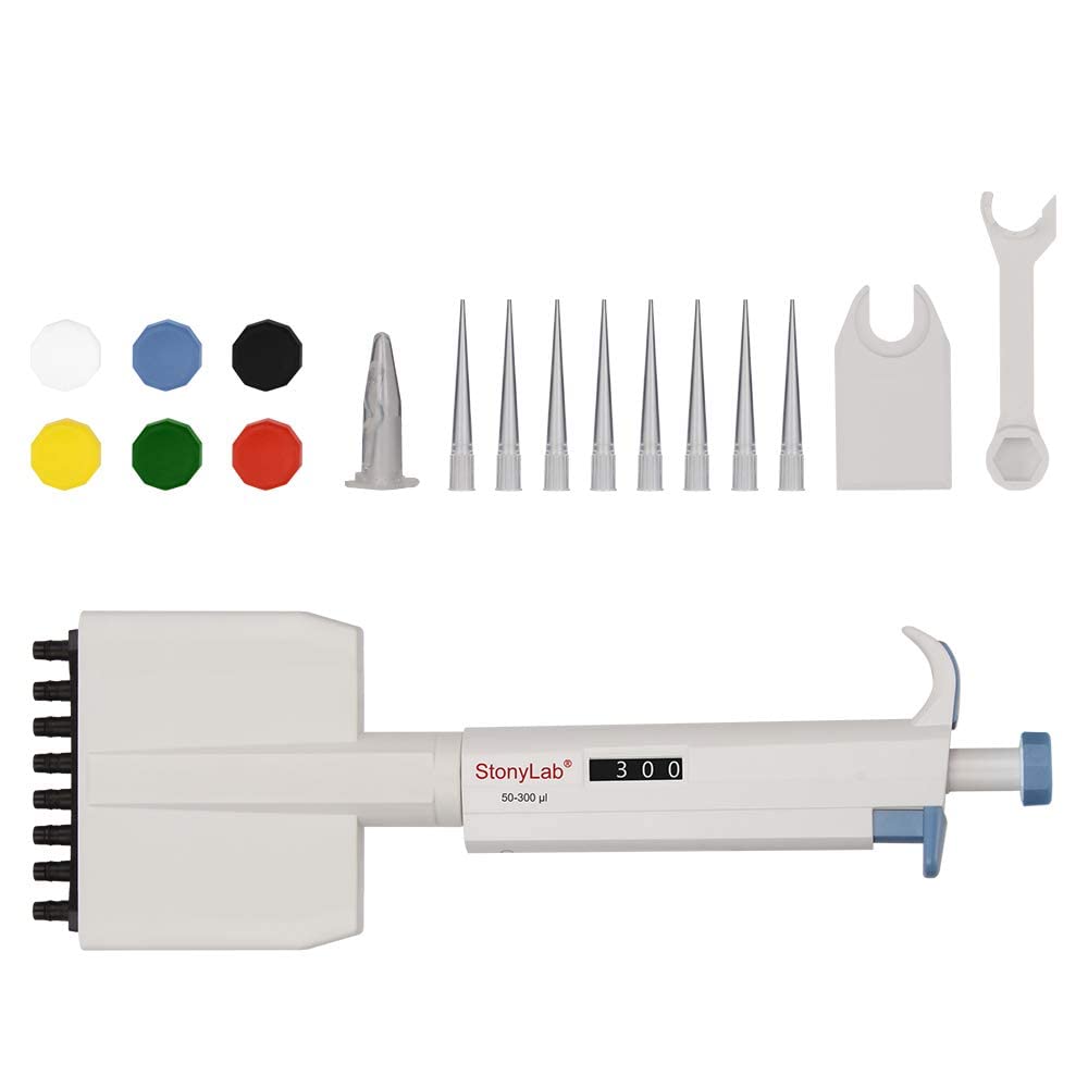 stonylab Controlador de Pipeta de 8 Canales, Pipeta Multicanal de Volumen Variable Ajustable con Cono de Punta Autoclavable, Multichannel Pipette para Investigación de Laboratorio, 50-300µL