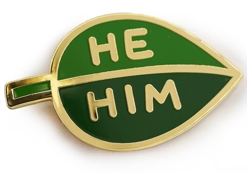 Image of He Him Pronoun Brooch Button Non-Binary Badge Enamel Lapel Pin - Green Leaf NB Pride Genderqueer Gender Identity Pin